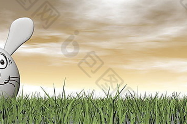 草地上带着疯狂笑脸的复活节白兔蛋-3D渲染