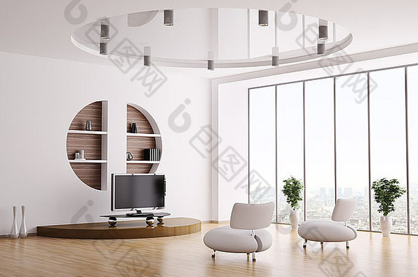室内生活房间白色扶手椅液晶显示器渲染