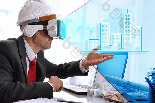 建筑师在办公室中使用虚拟现实眼镜可视化三维表示。水平构图。