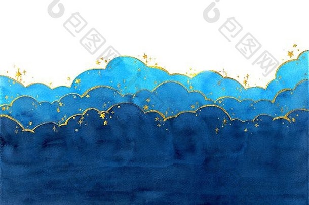 抽象水彩手绘插画中的云与星的概念。明亮的蓝色波浪背景。高分辨率。卡片、封面、打印、，
