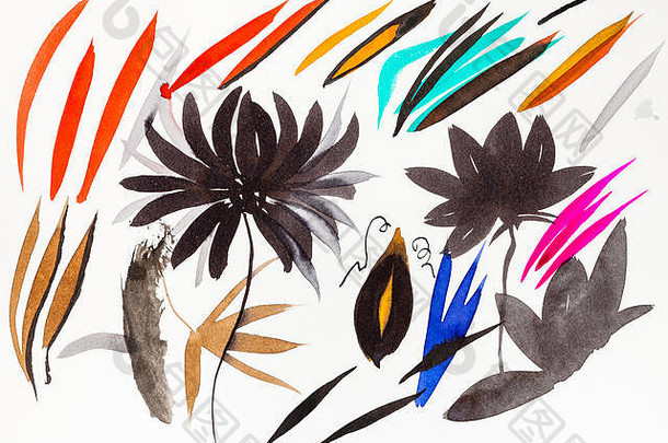 sumi-e（suibokuga）风格的训练绘画-在白纸上用水彩笔画出形状的叶子和菊花
