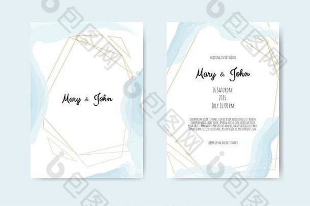 婚礼邀请函，白色背景，浅嫩的灰蓝色抽象水彩风格装饰。