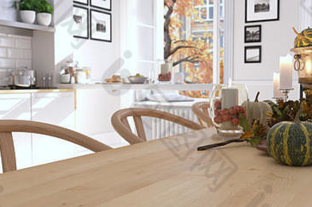 公寓里的北欧厨房。三维渲染。感恩节的概念。