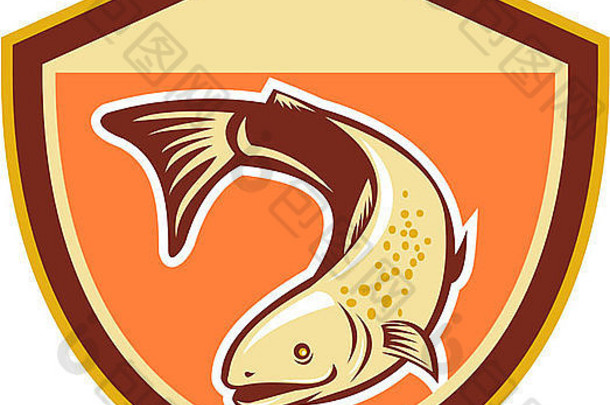 以复古风格制作的一条鳟鱼在盾牌内向下游动的插图