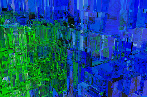 玻璃立方体的抽象未来城市。蓝绿色