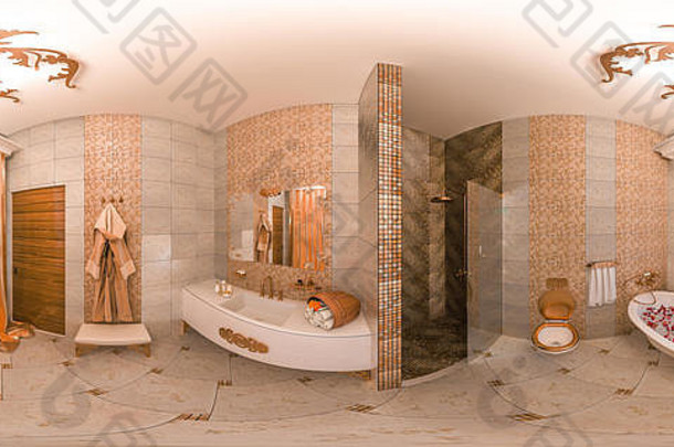 插图球形度无缝的<strong>全景</strong>浴室室内设计经典风格室内渲染模拟虚拟现实