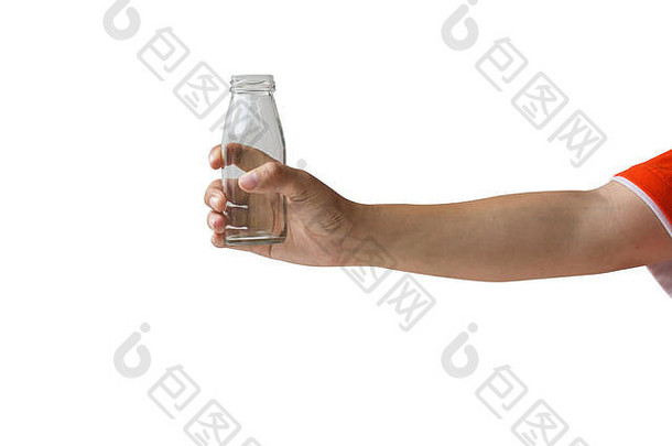 裁剪女人手持有清晰的瓶标签孤立的白色背景剪裁路径包括