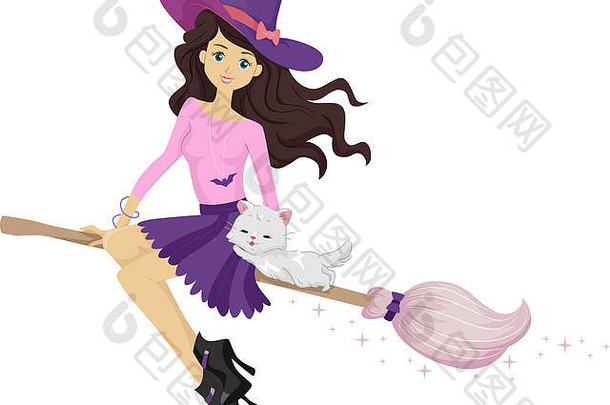 一个带着猫和扫帚的少女巫婆的插图