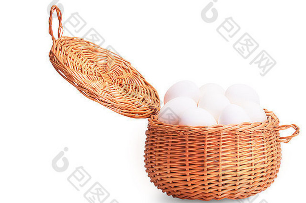 白色鸡蛋篮子孤立的白色背景