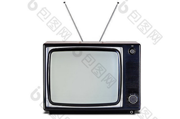 老式复古黑白电视机，隔离在白色背景上，带有电视和屏幕的剪辑路径。