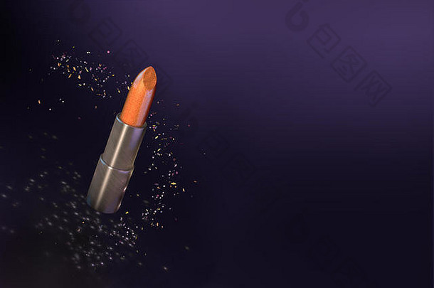 闪闪发光的橙色唇膏在黑色奢华的紫罗兰色背景下，周围有颗粒