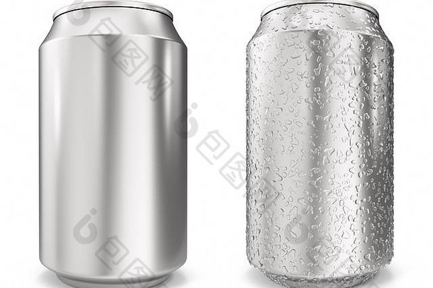 场景，铝罐上的水滴，在白色背景上隔离的真实3d渲染
