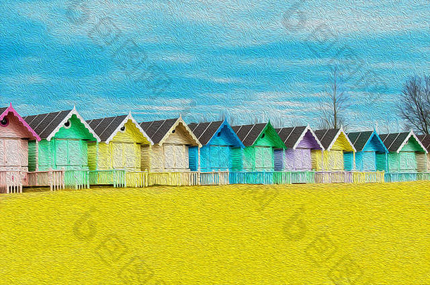 西默西著名的默西岛海滩小屋，在炎热温暖的夏日，美丽的沙滩布满了沙子