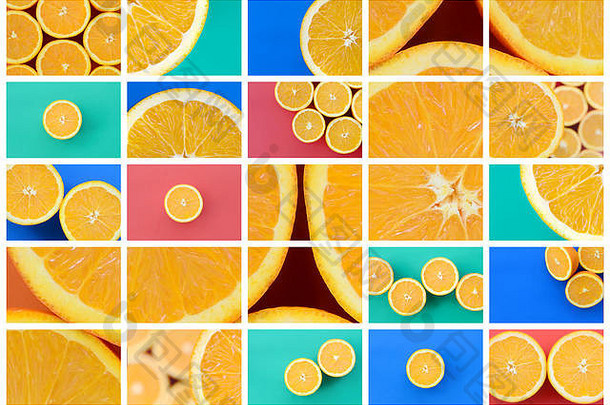 许多画的拼贴画，上面有多汁的橙子。一组不同颜色背景上带有水果的图像
