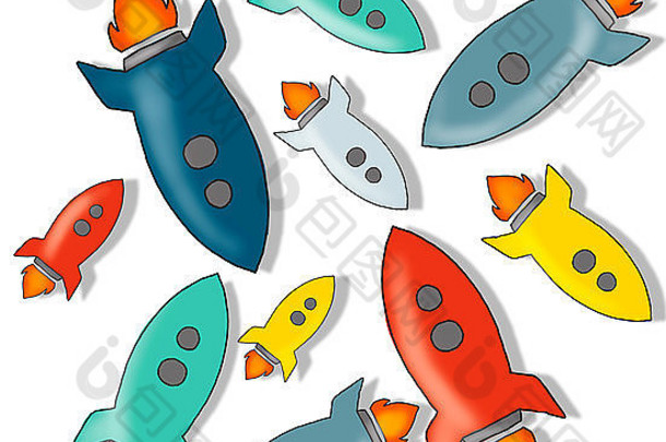一组彩色火箭插图