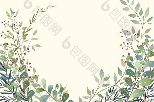 卡片上有美丽的小枝和叶子。婚礼装饰概念。模仿水彩画，孤立于白色之上。素描花环、花卉和香草花环