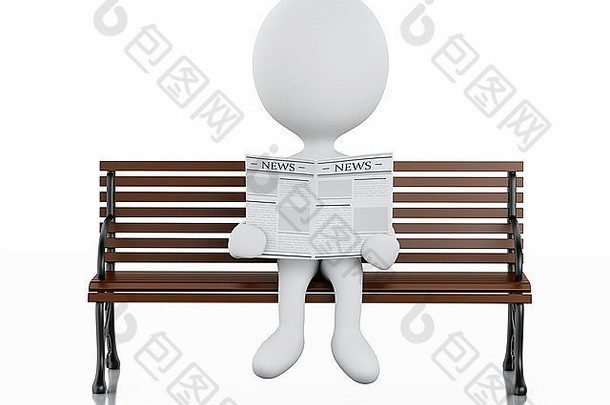 三维插图。白人在木凳上看报纸。孤立白色背景