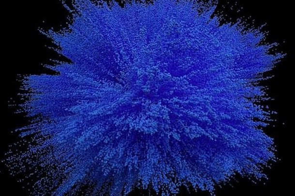黑色背景上的蓝色粉末球爆炸。蓝色的云。蓝尘爆炸。画胡里。蓝色粉末的冻结运动。