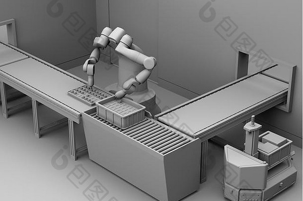 细胞生产空间中双臂机器人装配电机线圈的粘土绘制。协作机器人概念。三维渲染图像。