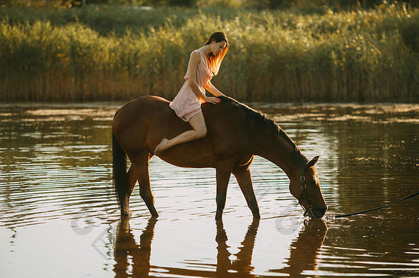 一位年轻女子跨坐在一匹喝河水的马上。
