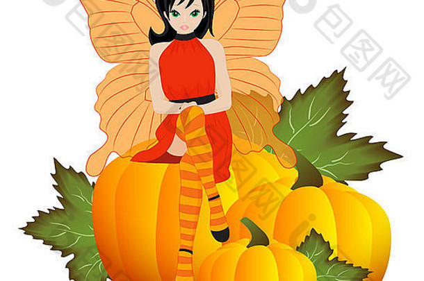 秋天仙女橙色衣服坐着南瓜