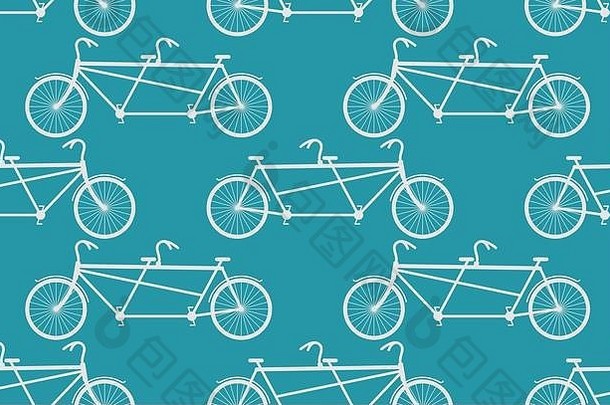 串联自行车无缝的模式白色古董自行车蓝色的背景