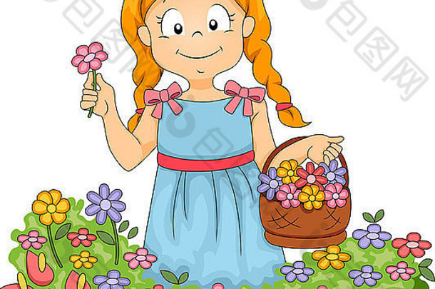 一个小女孩拿着一篮花在花园里采花的插图