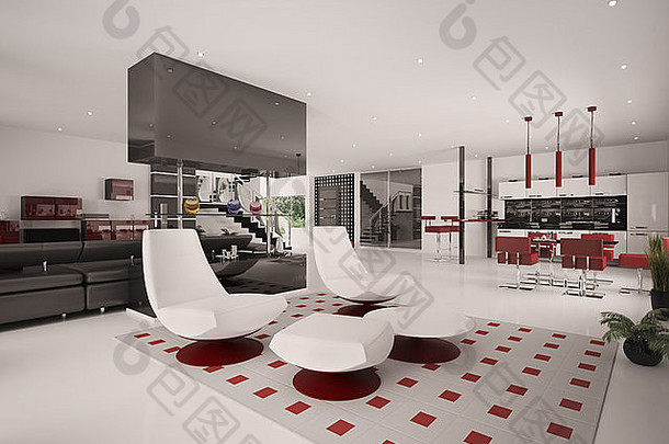 现代公寓内部客厅厨房大厅3d渲染