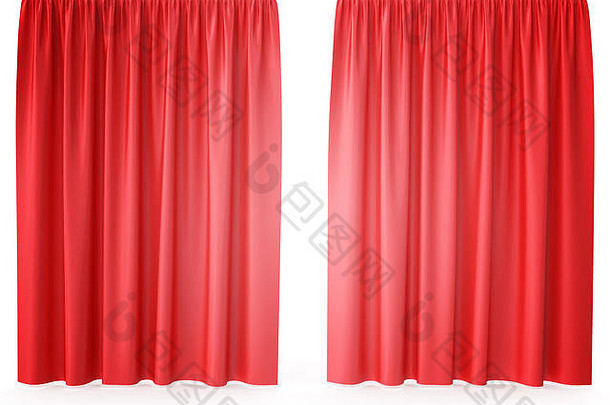 奢华的猩红色丝绒窗帘，真。三维渲染