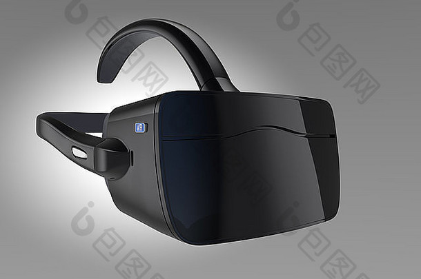 黑色VR耳机，隔离在灰色背景上。
