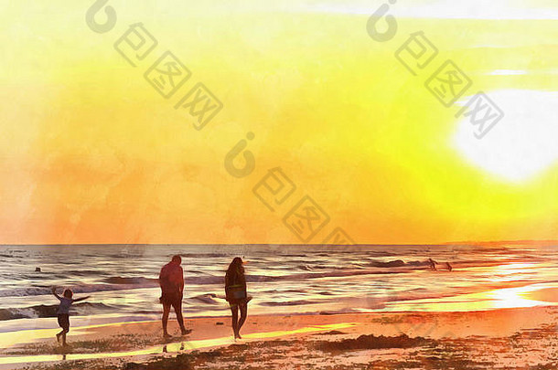 日落时人们在海滩上行走的彩色风景画