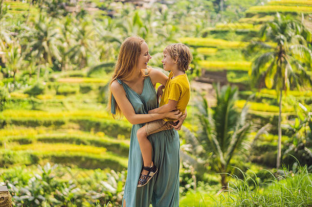 妈妈儿子大米场背景大米梯田乌布巴厘岛印尼旅行孩子们概念教学孩子们