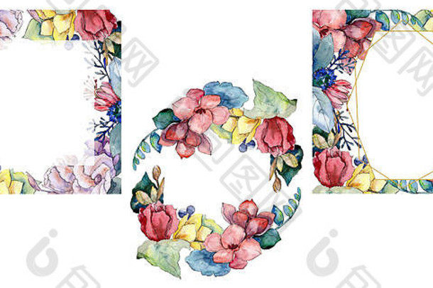 花束植物花。水彩背景插图集。框边饰方。