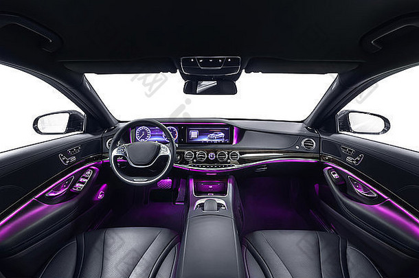 车室内奢侈品黑色的座位紫罗兰色的环境光舒适的现代沙龙清洁详细说明车服务