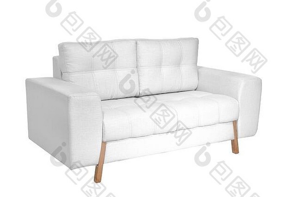 两座舒适的白色织物沙发，独立于白色背景