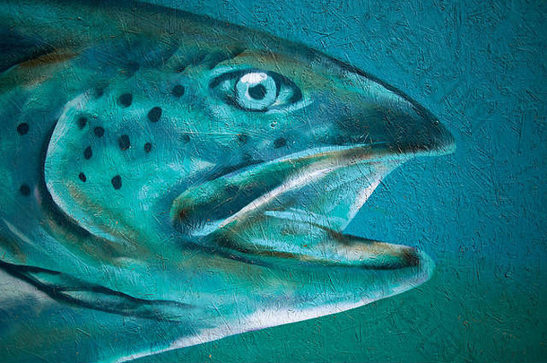 鱼头画墙蓝色的绿色颜色口宽开放喘气空气