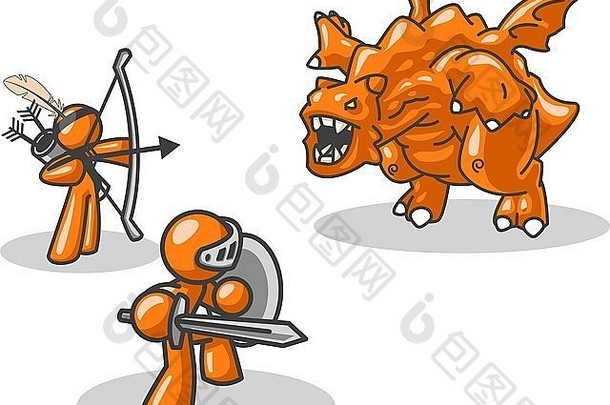 两个橙色的男人在和一条龙搏斗。一个可爱的概念，可以代表如何应对挑战或对手的规模。
