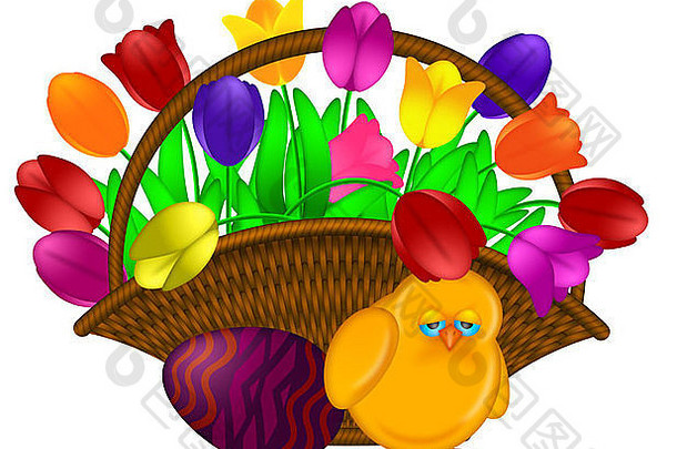 编织的复活节快乐<strong>篮彩</strong>色郁金香花与小鸡和<strong>彩</strong>蛋插图隔离在白色背景上