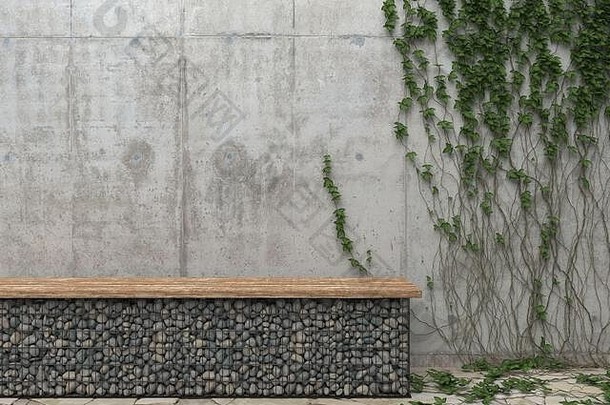 背景灰色的混凝土墙艾薇板凳上石头前面视图复制空间呈现