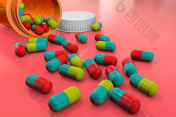 3d插图：鲜艳的药丸从一个透明的橙色药瓶散落在一张粉红色的桌子上。制药<strong>企业</strong>健康