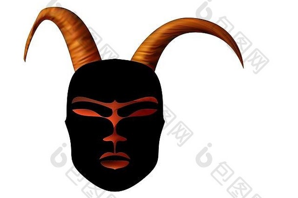 非洲风格的古角面具仪式。戴着金角的黑色面具。