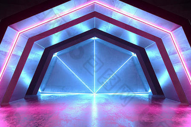 霓虹灯闪烁紫蓝色科幻虚拟未来俱乐部舞台外星人飞船混凝土水泥垃圾隧道走廊大厅车库地下室