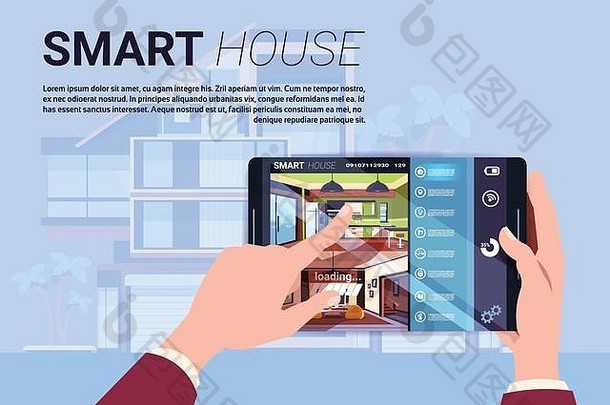 手持有数字平板电脑聪明的首页接口现代技术房子自动化概念