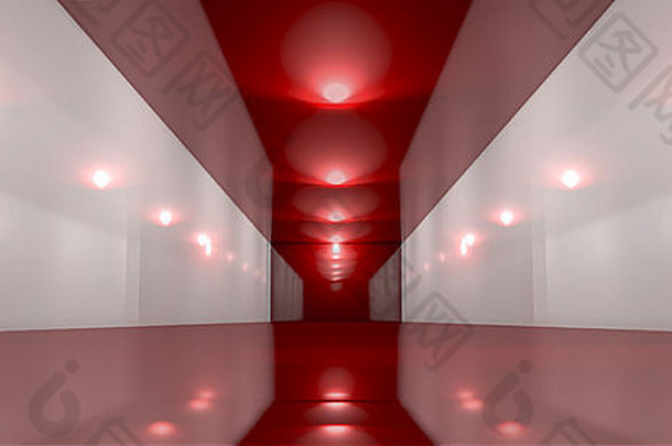 一条空荡荡的光滑通道，红色地板和屋顶反光，白色反光墙被灯光照亮