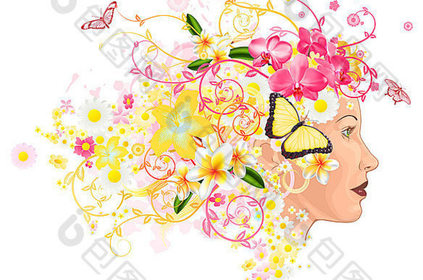 美丽的女人，头发是花和蝴蝶做成的。