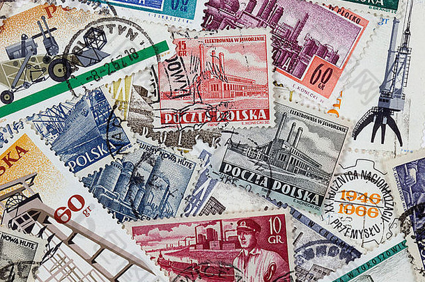 波兰约背景古董取消了邮票工业主题