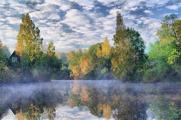 抽象秋季乡村景观与河流。