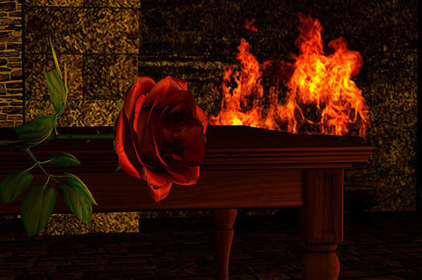 红色的玫瑰花木表格前面壁炉