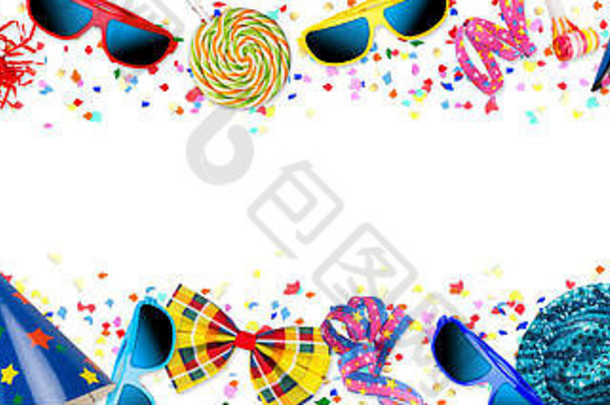 缤纷多彩的全景派对嘉年华生日庆典背景彩色彩带糖果棒棒糖流行太阳镜五彩纸帽棒棒糖流行音乐