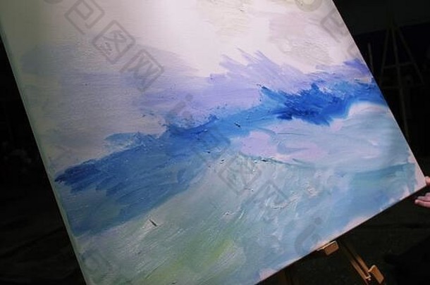 艺术家抄写员油漆海景船海洋工匠装饰画船帆蓝色的海丙烯酸石油颜色画刷刀调色板